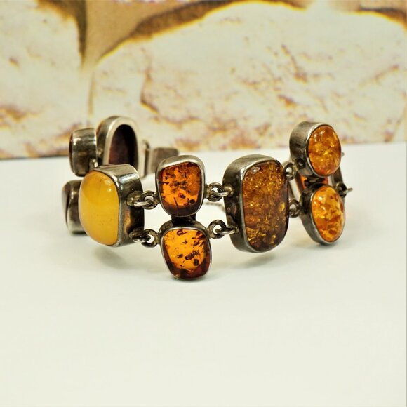 82g Rare Multi Amber and 925 Silver Heavy Link BRACELET - OOAK Gift For Her - Picture 6 of 16